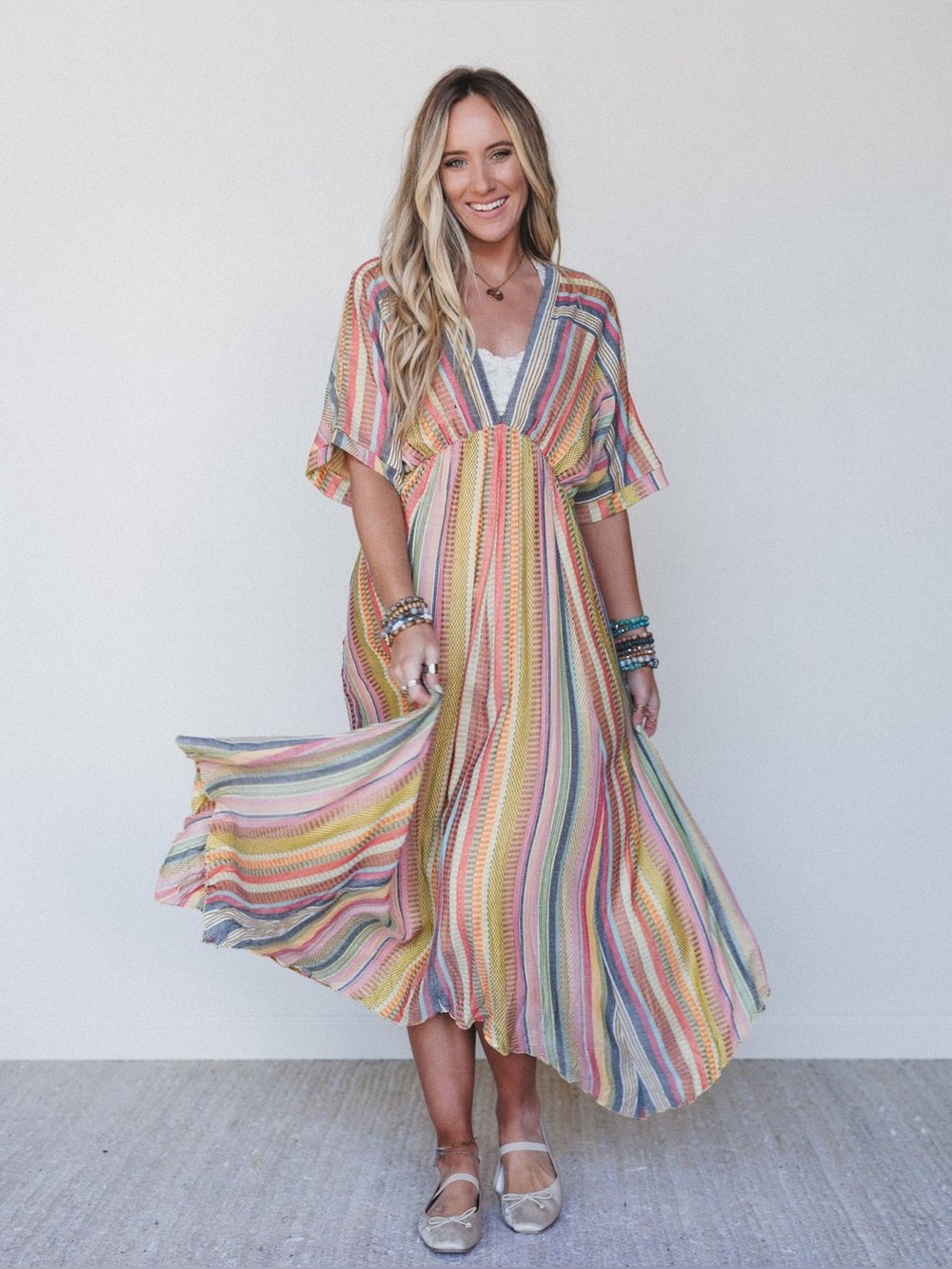 En Creme Dress Women’s Medium Island V-Neck Maxi Lined Woven Stripe Pull On New